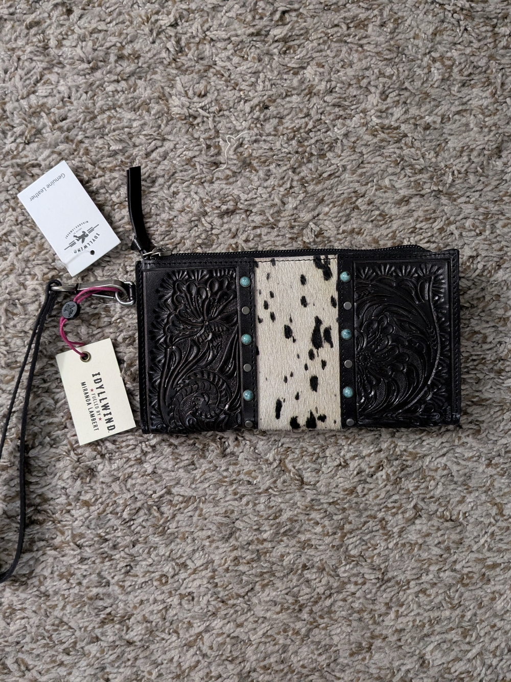 NEW! Idyllwind Black Tooled Leather & Cowhide Wristlet with Turquoise Studs